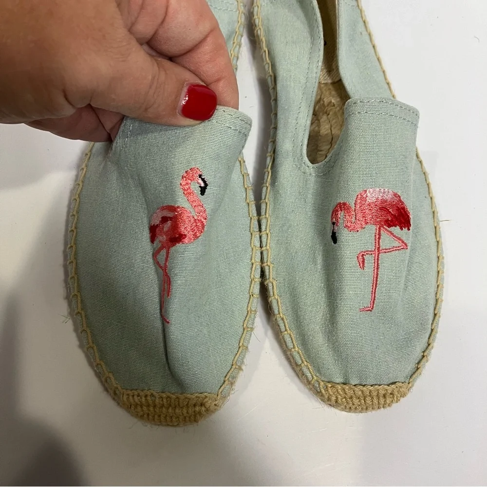 Anthropologie Soludos picnic espadrilles flamingo embroidery blue pink‎ size 7